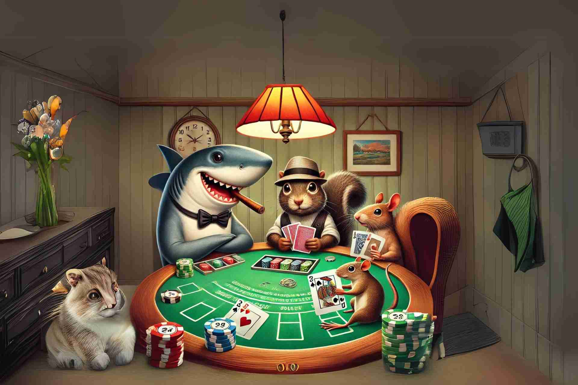 Animals playing cards around a poker table - it's game night!