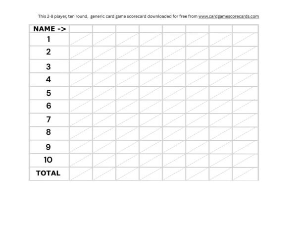 Generic card game score card free printable PDF
